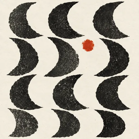 Rows of small crescents in white, black, charcoal, sand; square artwork.