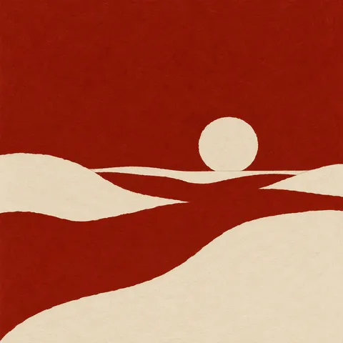 Overlapping scallops in rust, cream; square artwork.