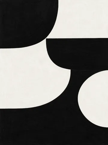 Overlapping scallops in black, white; portrait artwork.