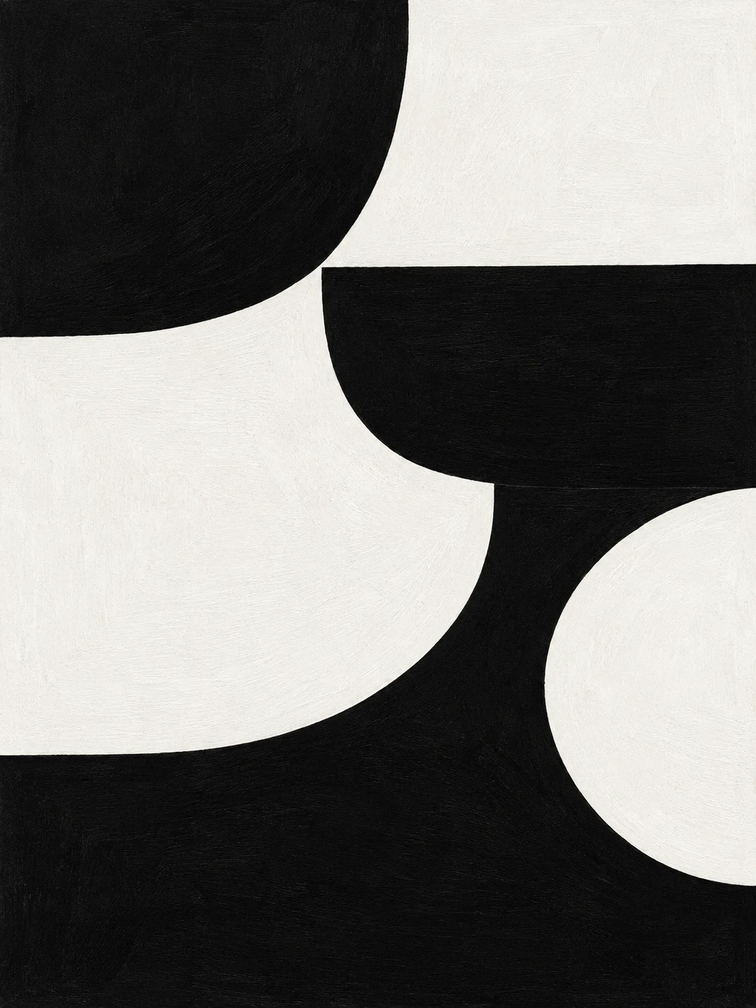 Overlapping scallops in black, white; portrait artwork.