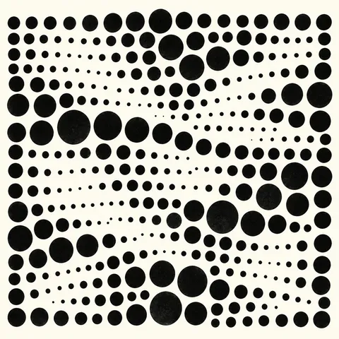 Rows of uneven dots in white, black, stone, gray; square artwork.
