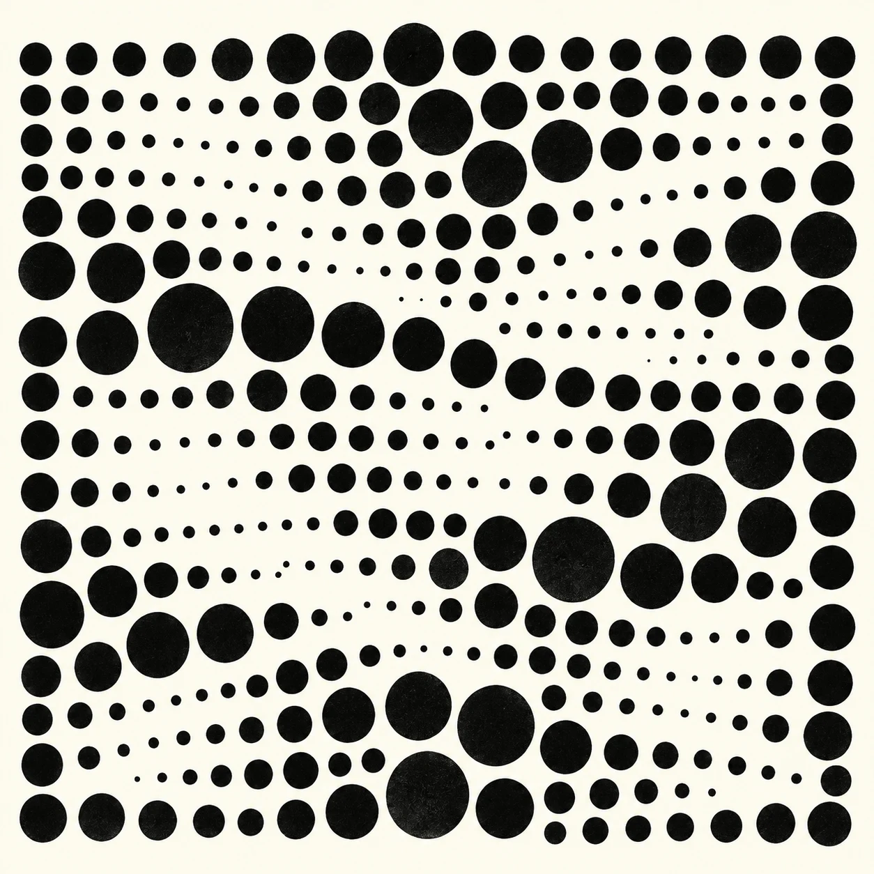 Rows of uneven dots in white, black, stone, gray; square artwork.