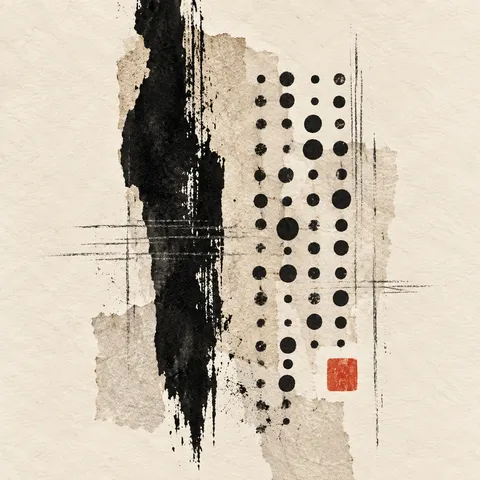 Rows of uneven dots in cream, stone, black, gray; square artwork.