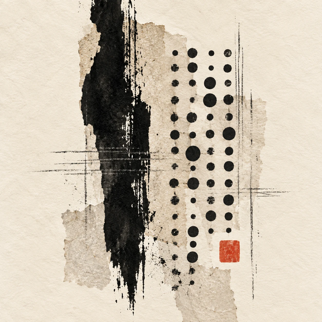 Rows of uneven dots in cream, stone, black, gray; square artwork.
