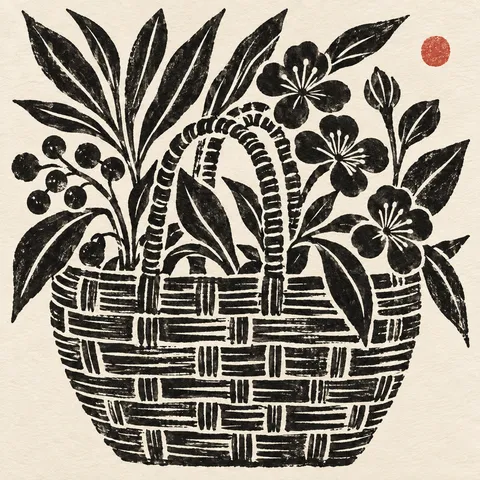 A woven basket texture drawn in line in cream, charcoal, black, gray; square artwork.
