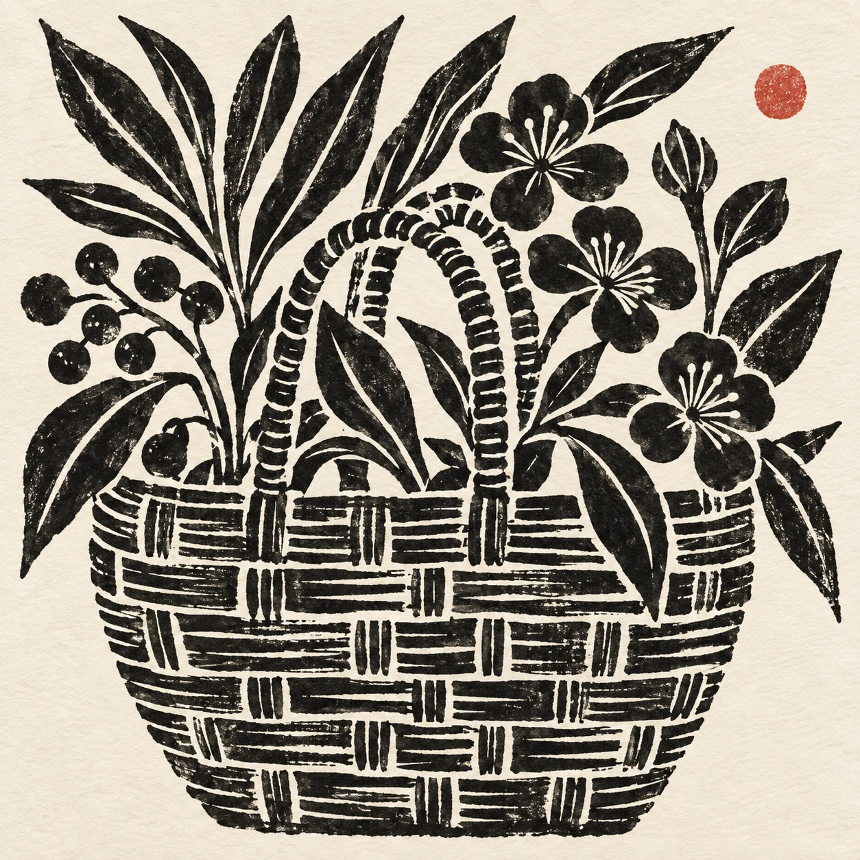 A woven basket texture drawn in line in cream, charcoal, black, gray; square artwork.