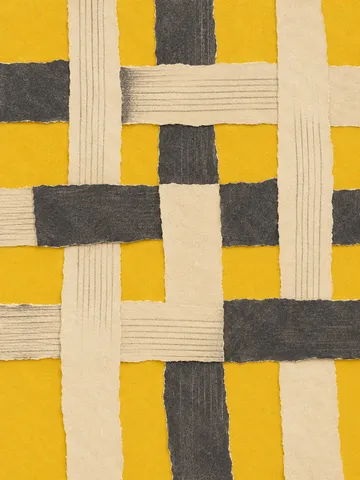 A woven basket texture drawn in line in yellow, cream, charcoal, stone; portrait artwork.