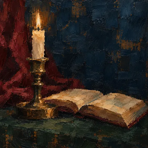 A candlestick and an open book in black, forest green, taupe; square artwork.