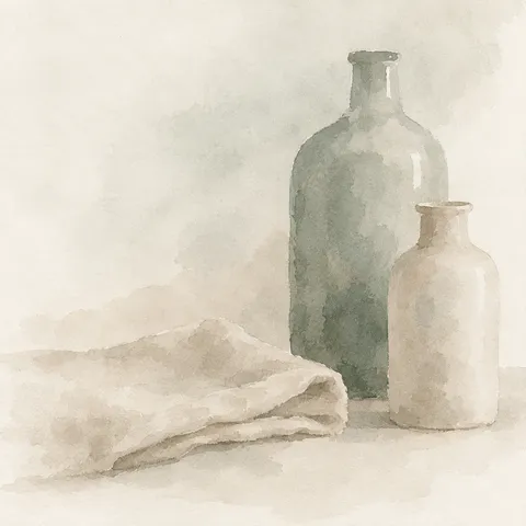 Two bottles and a folded cloth in cream, white, stone, gray; square artwork.