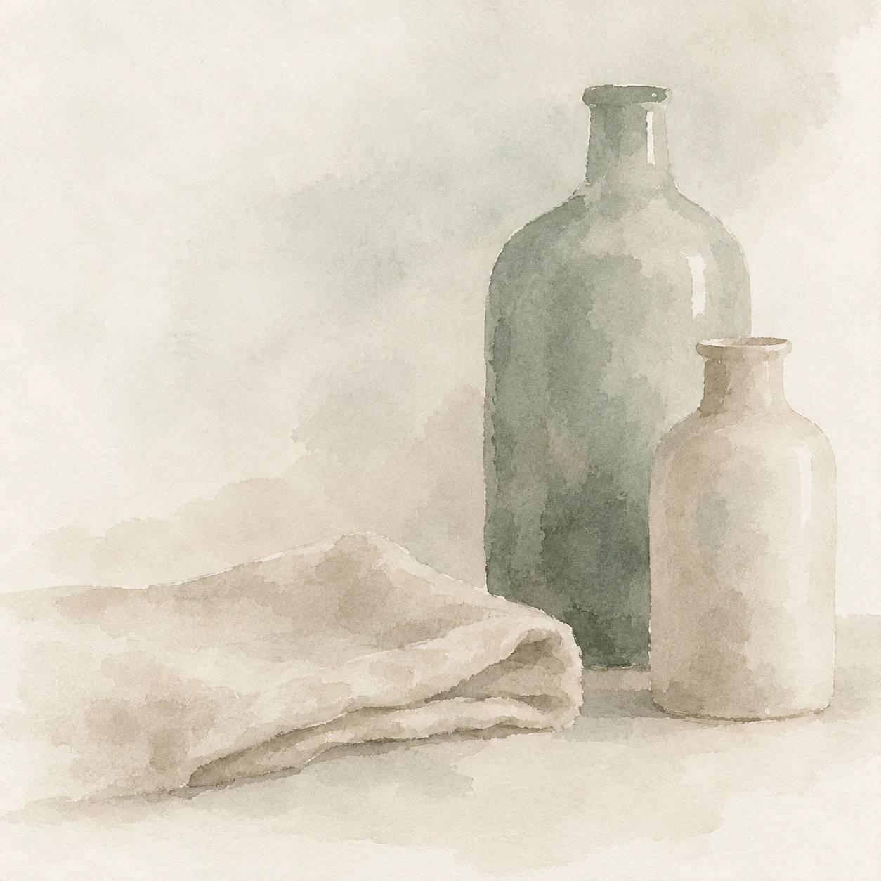 Two bottles and a folded cloth in cream, white, stone, gray; square artwork.