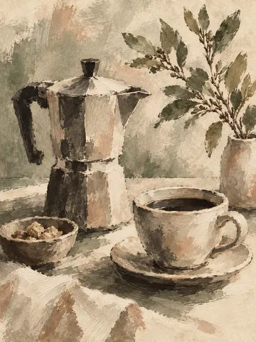 A coffee pot and a cup on a table in cream, taupe, stone, sage; portrait artwork.