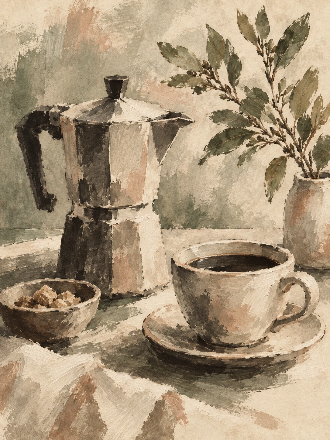 A coffee pot and a cup on a table in cream, taupe, stone, sage; portrait artwork.
