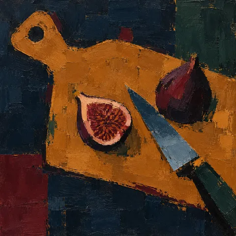A cutting board with a knife and a fig in black, terracotta, burgundy, rust; square artwork.