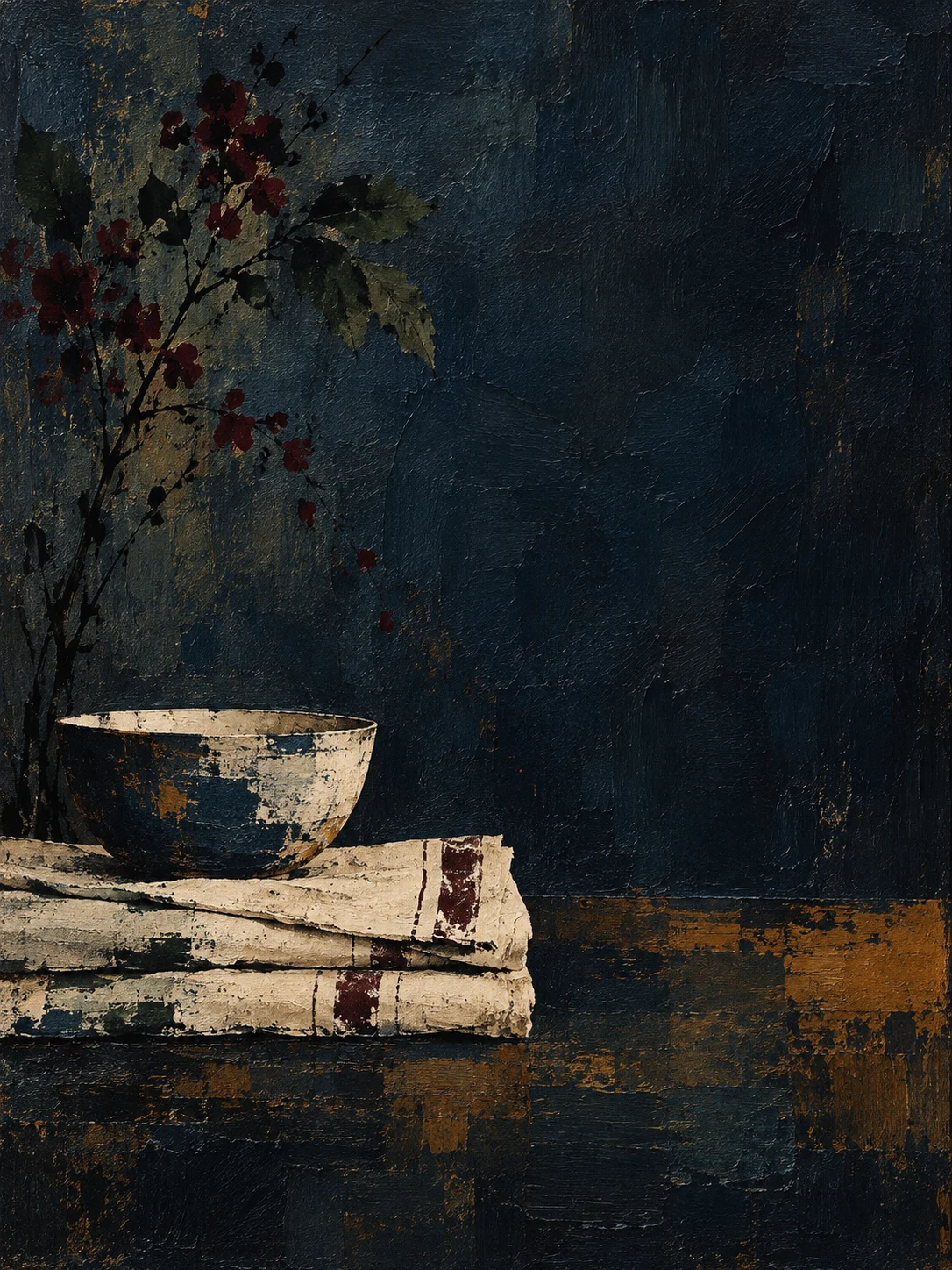 A stack of linen napkins and a bowl in black, olive; portrait artwork.