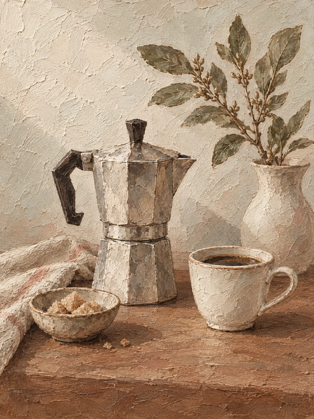 A coffee pot and a cup on a table in taupe, stone, cream, olive; portrait artwork.