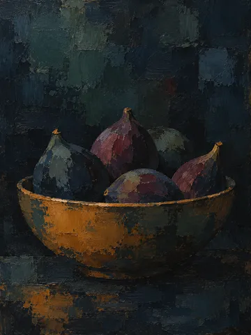 A bowl of figs in black, charcoal, brown; portrait artwork.