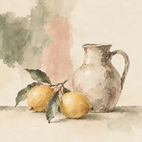 A stoneware jug and two lemons in cream, stone, sand, taupe; square artwork.