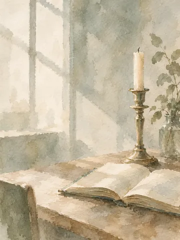 A candlestick and an open book in cream, stone, sand, sage; portrait artwork.
