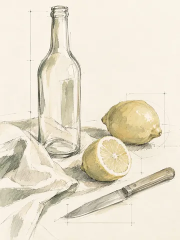A bottle, a lemon and a knife in white, cream, sand; portrait artwork.
