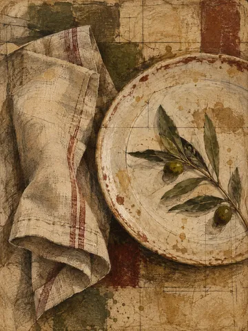 A folded linen napkin and a plate in ochre, sand, brown, taupe; portrait artwork.