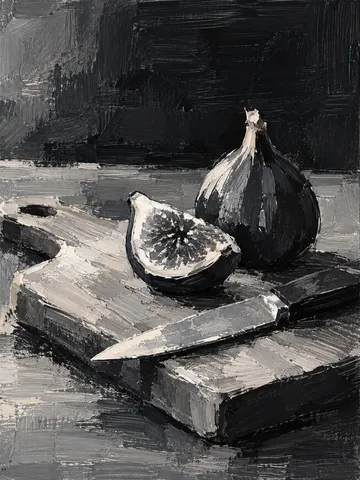 A cutting board with a knife and a fig in black, gray, charcoal, stone; portrait artwork.