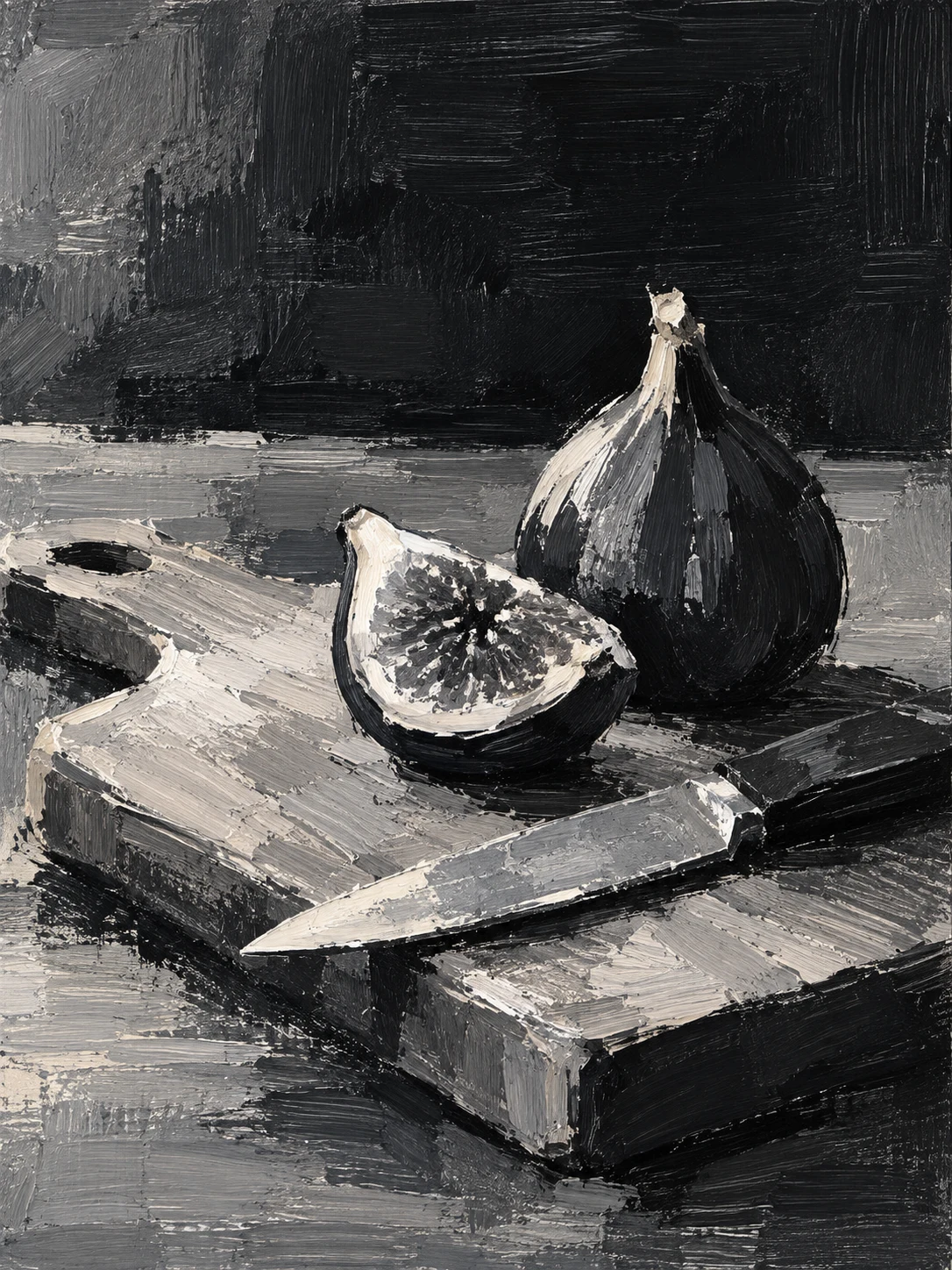 A cutting board with a knife and a fig in black, gray, charcoal, stone; portrait artwork.