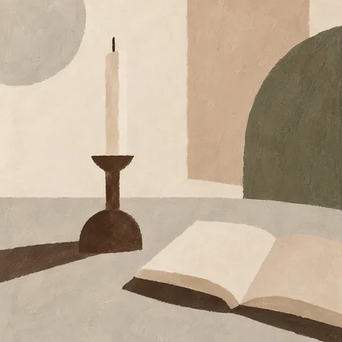 A candlestick and an open book in stone, cream, sand, taupe; square artwork.