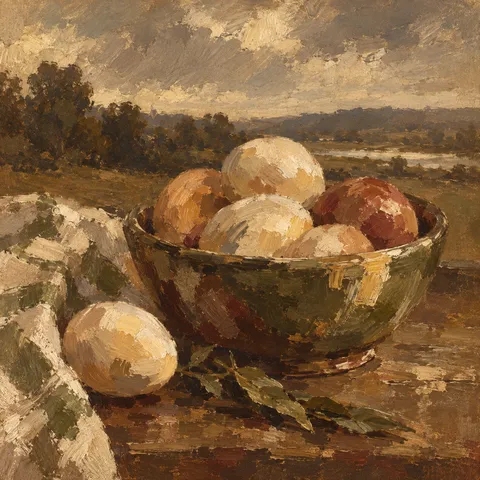 A bowl of eggs in brown, ochre, sand, olive; square artwork.