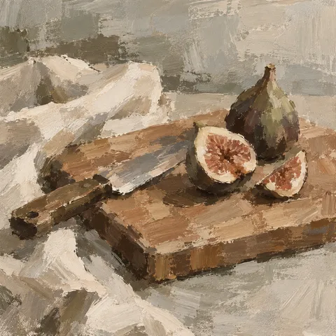 A cutting board with a knife and a fig in stone, gray, olive, ochre; square artwork.