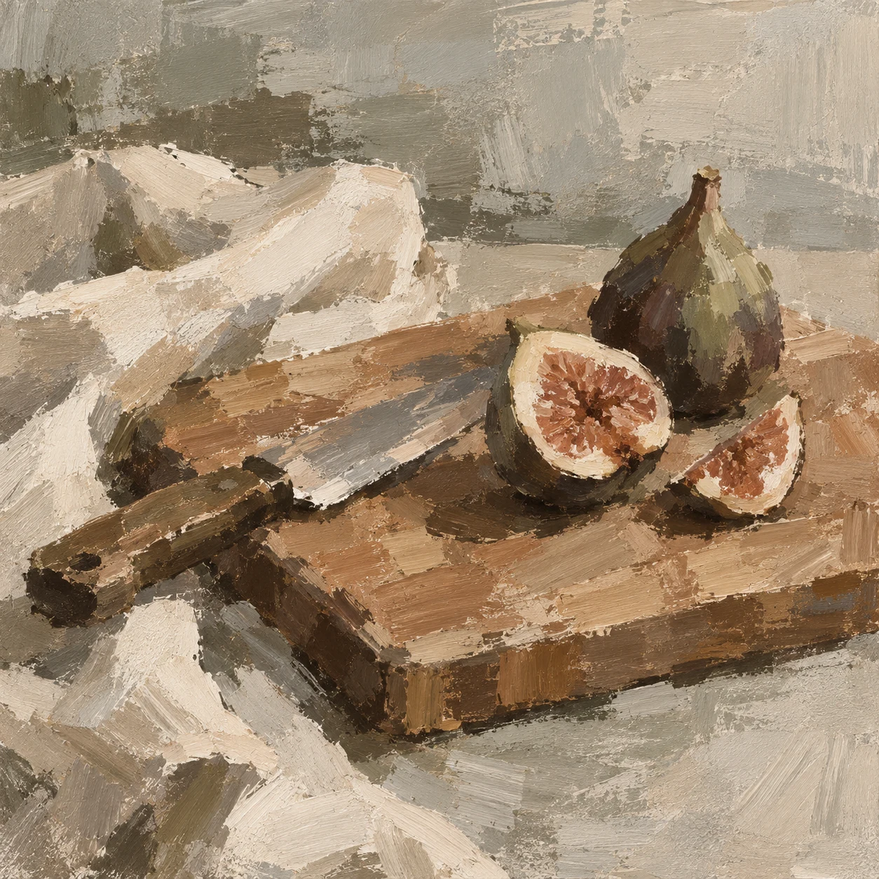 A cutting board with a knife and a fig in stone, gray, olive, ochre; square artwork.