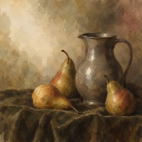 Three pears and a pewter jug on a dark cloth in brown, olive, taupe, stone; square artwork.