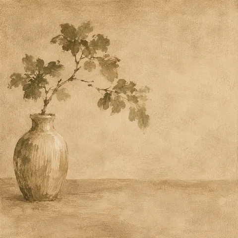 A ceramic vase with one branch in sand, stone, taupe; square artwork.