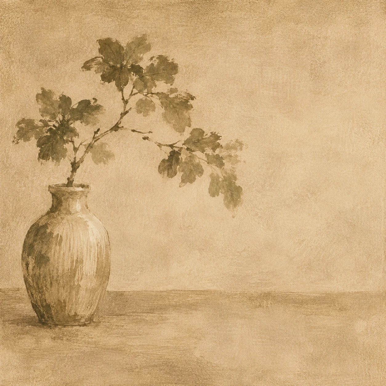 A ceramic vase with one branch in sand, stone, taupe; square artwork.
