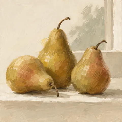 Three pears on a windowsill in cream, stone, ochre, olive; square artwork.