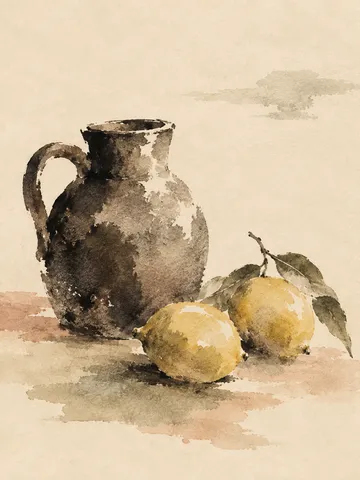 A stoneware jug and two lemons in cream, sand, sage, brown; portrait artwork.