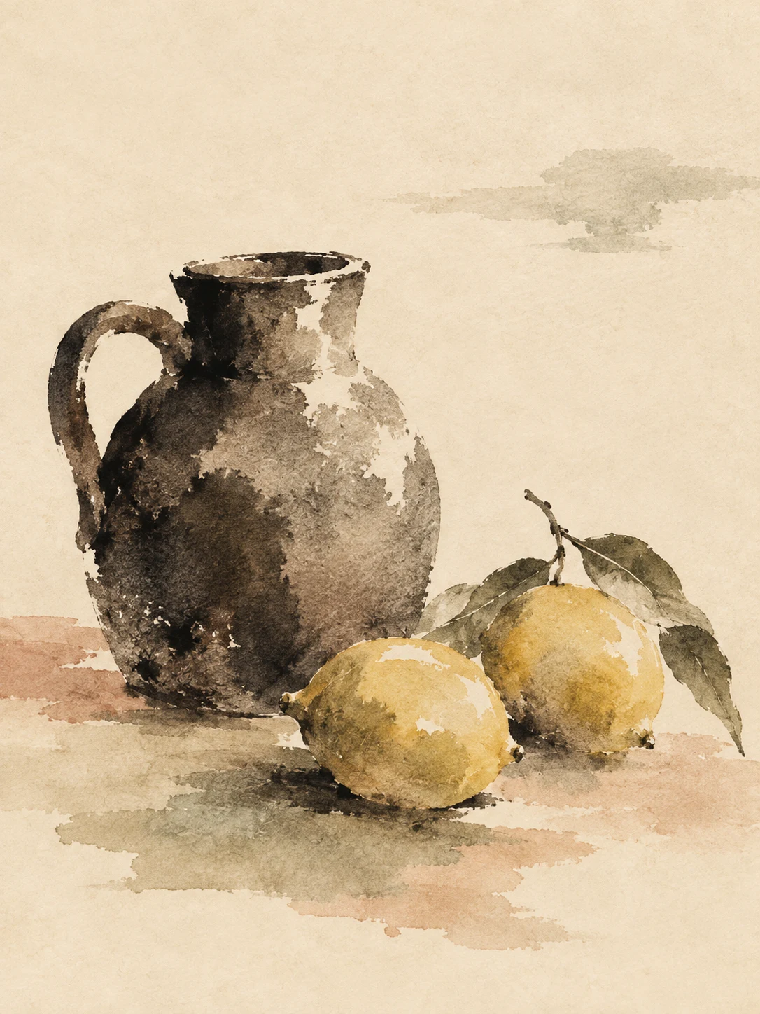 A stoneware jug and two lemons in cream, sand, sage, brown; portrait artwork.