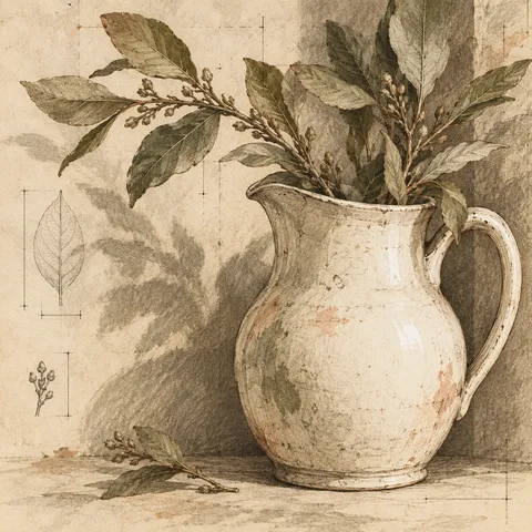 A single white jug against a shadowed wall in cream, taupe, sand, stone; square artwork.