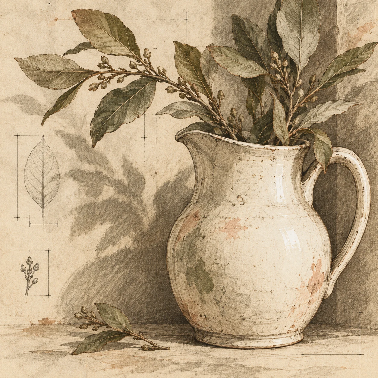 A single white jug against a shadowed wall in cream, taupe, sand, stone; square artwork.