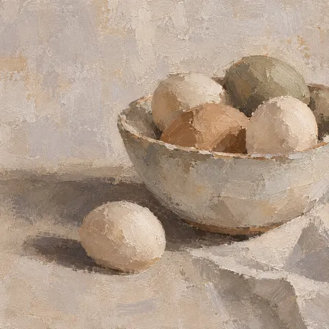 A bowl of eggs in stone, gray, taupe, olive; square artwork.