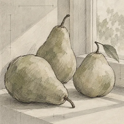 Three pears on a windowsill in stone, cream, sage, sand; square artwork.