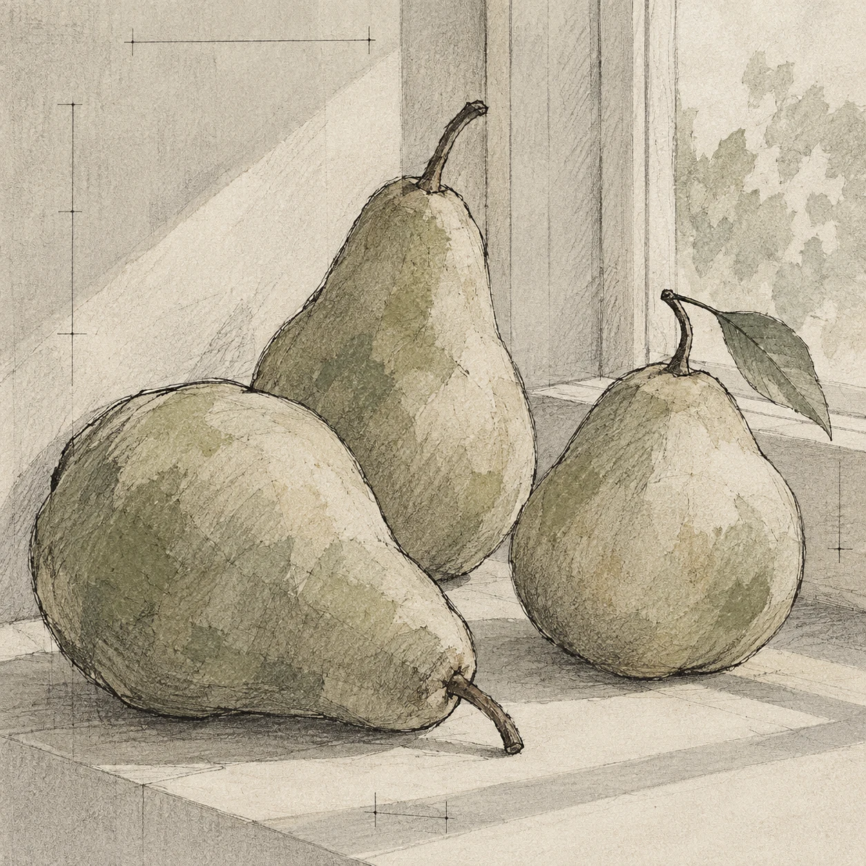 Three pears on a windowsill in stone, cream, sage, sand; square artwork.