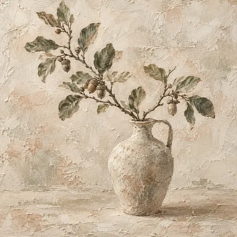 A ceramic vase with one branch in stone, cream, taupe, sand; square artwork.