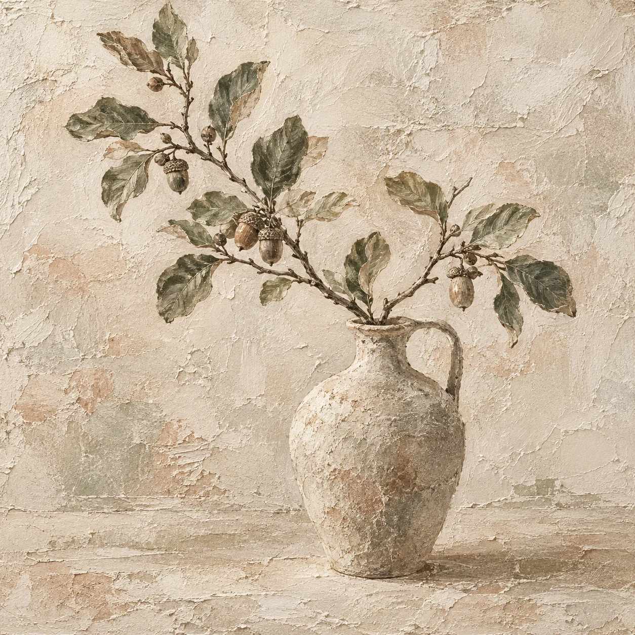 A ceramic vase with one branch in stone, cream, taupe, sand; square artwork.