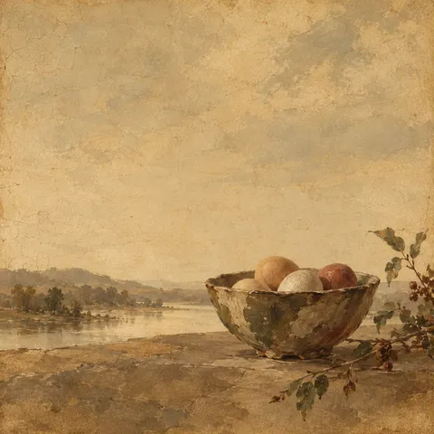 A bowl of eggs in sand, taupe, brown, ochre; square artwork.