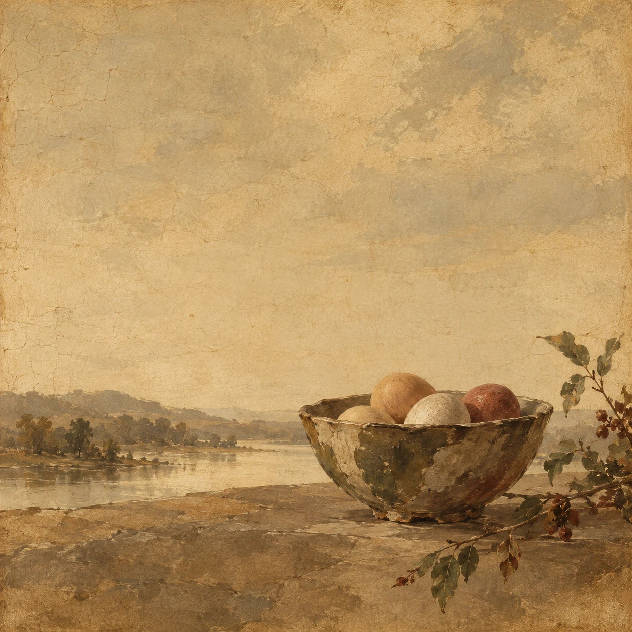 A bowl of eggs in sand, taupe, brown, ochre; square artwork.