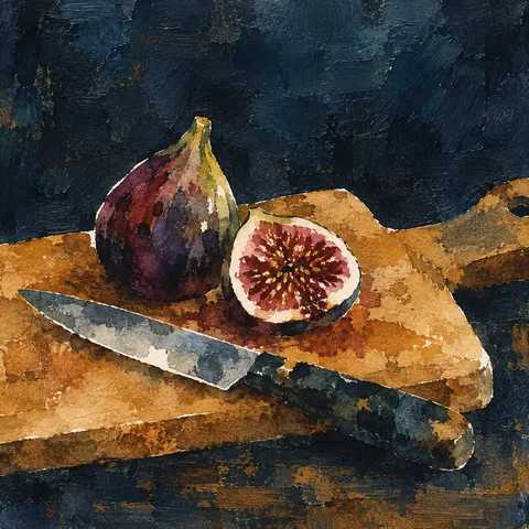 A cutting board with a knife and a fig in black, terracotta, brown, charcoal; square artwork.