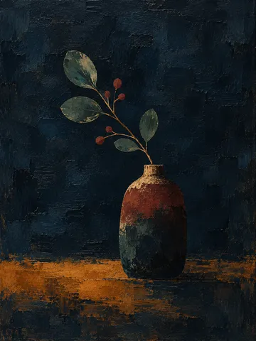 A ceramic vase with one branch in black, brown; portrait artwork.