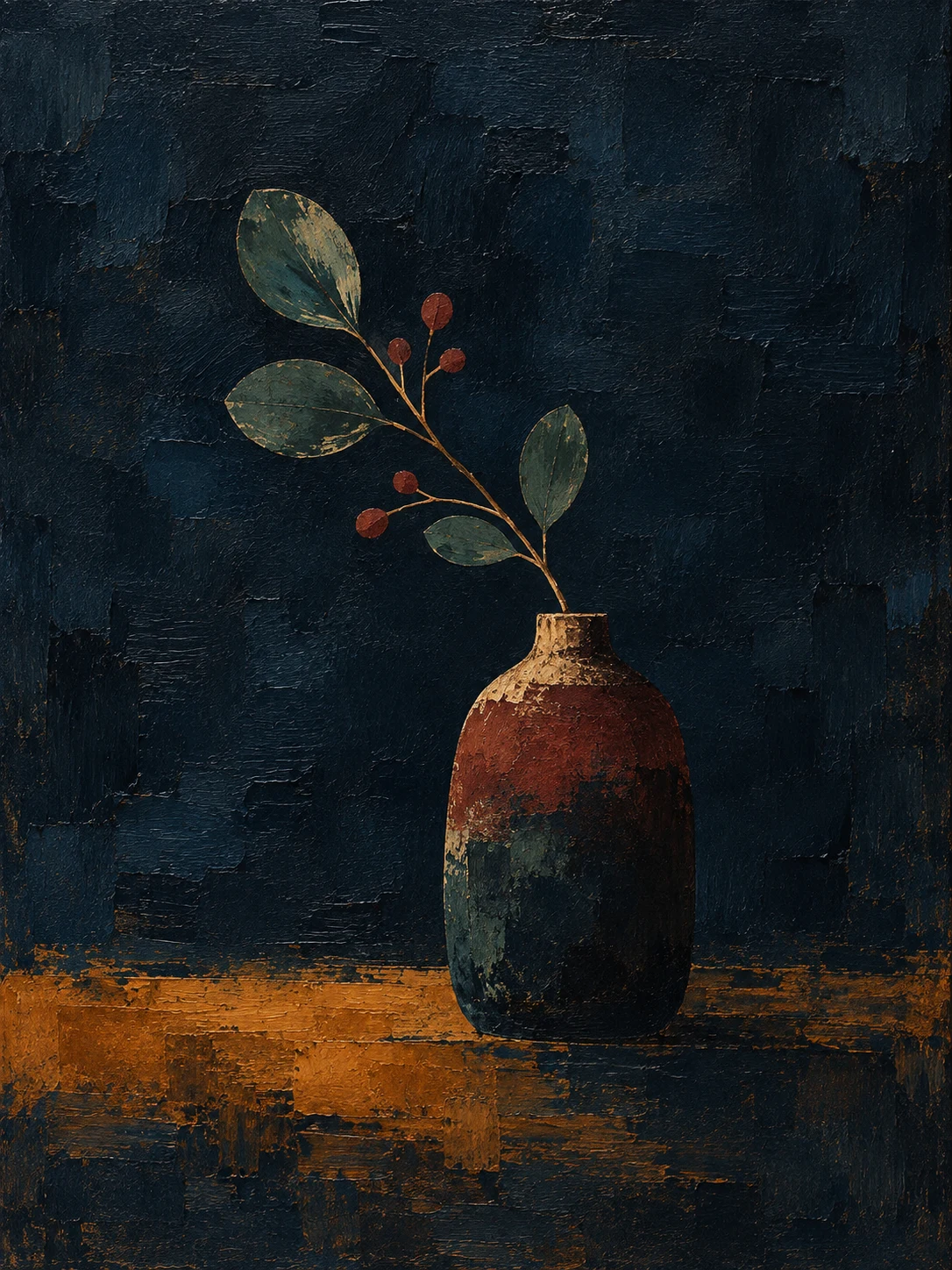 A ceramic vase with one branch in black, brown; portrait artwork.