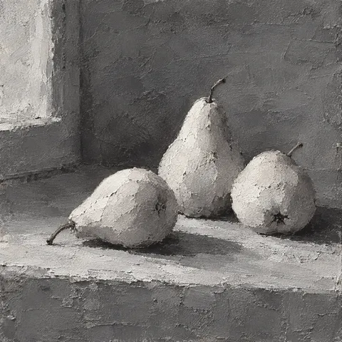 Three pears on a windowsill in charcoal, stone, gray; square artwork.