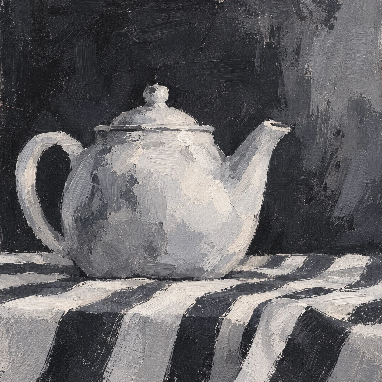 A teapot on a striped cloth in charcoal, black, cream, gray; square artwork.